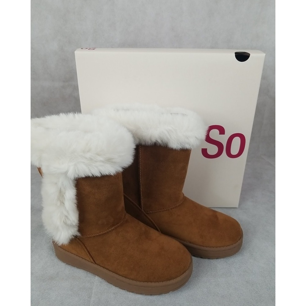 SO Sophia Girls Size 2 Winter Boots Brown Chestnut Faux Fur Lining Easy On NEW